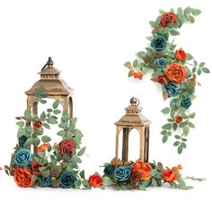 two decorative lanterns with roses and leaves on them, one is blue and the other is orange