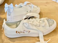 These Custom Converse shoes are sure to make your big day extra special and comfy, they are a perfect gift for your bridesmaids and even for the whole wedding party. ✨✨Designs and Texts✨✨ ⭐️ You can choose one of our texts in the personalization section or message us with your own words. ⭐️ If you like a different design message me and I will be happy to work with you to create unique shoes for you. ⭐️ If you want a different Color of shoes message me and I will try my best to get them for you. ⭐️ Want a different text color, no problem message me and will get it for you. ✨✨Ribbon Color and Length✨✨ ⭐️ For the Low top style, we use White Satin ribbon 51" in Length and 2 CM wide / let me know if you want a longer one. ⭐️ For the High Top style, we use White Satin Ribbon with 55" Length and Bride Converse Shoes, Converse Shoes Custom, Bride Converse, Custom Converse Shoes, Converse Wedding, Custom Wedding Shoes, Wedding Converse, High Top Converse, Custom Converse