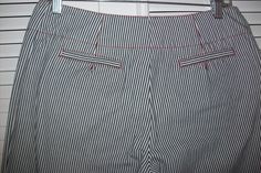 "Vintage Harve Benard striped cotton pants with red stitching, two back pockets. Waist measures 29\", hip 40\". overall length 40 1/2\". Perfect. No flaws of any kind. Stored with TLC Comes from a smoke-free home." Fitted Cotton Bottoms With Contrast Stripes, Fitted Pinstripe Cotton Pants, Fitted Cotton Pants With Vertical Stripes, Cotton Bottoms With Contrast Stripes For Work, Pinstripe Cotton Pants With Welt Pockets, Cotton Pinstripe Pants With Welt Pockets, Cotton Pinstripe Bottoms With Pockets, Pinstripe Cotton Bottoms With Pockets, Striped Cotton Pants With Welt Pockets