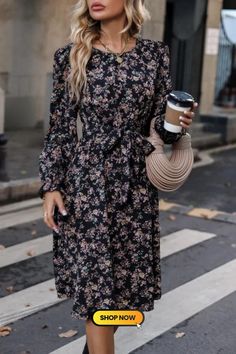 Black long-sleeved V-neck floral dress Black Feminine V-neck Midi Dress, Modest V-neck Midi Dress For Spring, Black V-neck Long Sleeve Dress For Spring, Chic Floral Printed V-neck Dress, Chic V-neck Patterned Midi Dress, Elegant V-neck Midi Dress With Ditsy Floral Print, Chic Patterned V-neck Dress, Flowy V-neck Floral Dress For Fall, Chic V-neck Floral Dress For Fall