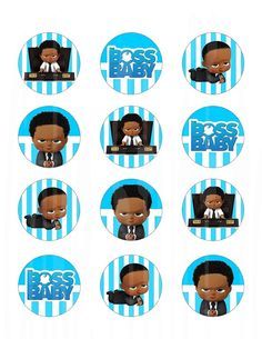 the boss baby cupcake toppers are shown in blue and white striped circles with black hair