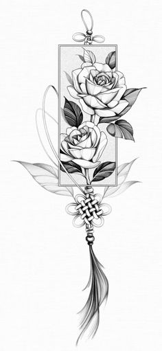 a black and white drawing of two roses