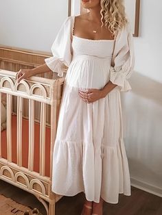 Momyknows White Off Shoulder Ruffle Shirred Boat Neck Puff Sleeve Bow Bohemian Ivory Maternity Photoshoot Dress Maternity Photoshoot Dress, Gender Reveal Outfits, Maternity Sundress, Shower Outfits, Autumn Decoration, Maternity Nursing Dress, Maternity Midi Dress, Maternity Dresses For Photoshoot