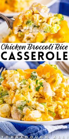 chicken broccoli rice casserole in a blue and white bowl