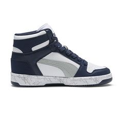 These Rebound high-top big boy's sneakers from PUMA feature a vintage design and are made from a two-tone faux leather with a cushioned insole. They also have classic lace-up ties and a rubber traction sole to keep his steps grounded on and off the basketball court.Features: ComfortClosure Type: Lace-UpUpper/Outer Base Material: 100% SyntheticShoe Lining Material: TextileSole Material Content: 100% RubberCountry of Origin: Imported Retro Basketball Shoes With Contrast Sole, Retro Mid-top Basketball Shoes With Contrast Sole, Retro Basketball Shoes With Round Toe And White Sole, Retro High-top Skate Shoes With Abzorb Midsole, Retro High-top Skate Shoes With Boost Midsole, Retro High-top Basketball Shoes With Rubber Sole, Retro High-top Skate Shoes With White Sole, Retro Lace-up High-top Synthetic Sneakers, High-top Synthetic Basketball Shoes With Speckled Midsole