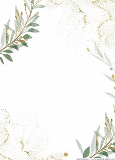 a white background with green leaves and gold flecks on the bottom right corner