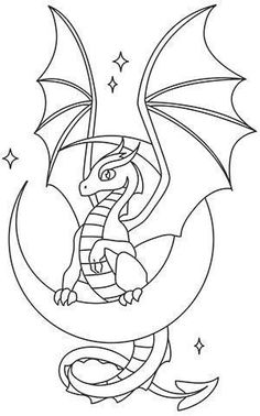 a dragon sitting on top of a crescent with stars in the sky behind it, coloring page