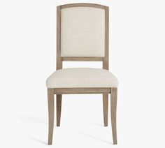 an upholstered side chair with a beige fabric seat and backrest, viewed from the front