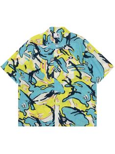 yellow multicolour all-over graphic print logo patch to the rear spread collar short sleeves front button fastening straight hem Summer Blue Shirt With Colorful Pattern, Blue Shirt With Colorful Pattern For Summer, Multicolor Relaxed Fit Hawaiian Shirt With Short Sleeves, Casual Multicolor Short Sleeve Hawaiian Shirt, Cotton Short Sleeve Tops With Random Print, Multicolor Retro Print Shirt For Summer, Short Sleeve Shirt With Retro Print For Summer, Spring Short Sleeve Camp Shirt With All Over Print, Casual Multicolor Cotton Hawaiian Shirt