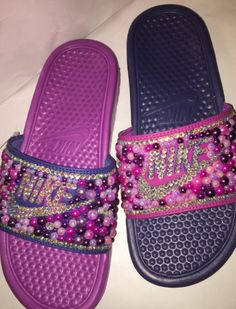 Luxury Bedazzled Sandals, Bling Croc Slides, Blinged Shoes, Bling Nike Slides, Bling Slides, Bling Business, Puma Flip Flops, Customize Shoes, Nike Flip Flops