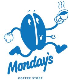 the logo for monday's coffee store with a cartoon character holding a cup of coffee