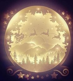 an illuminated christmas scene with reindeers in the sky