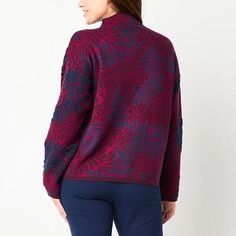 The funnel neck of this Liz Claiborne women's pullover sweater adds a little extra coverage for chilly days while it's eye-catching magenta and blue pattern adds a stylish pop. It's crafted from a textured knit for a relaxed-fit with long sleeves. Wear yours with jeans and knee-high boots. Closure Type: Pullover HeadFit: Regular FitNeckline: Funnel NeckSleeve Length: Long SleeveSleeve Style: Fitted SleeveApparel Length: 24.5 InchesFiber Content: 53% Rayon, 30% Polyester, 17% NylonFabric Descrip… Pullover Sweater Women, Textured Knit, Funnel Neck, Blue Pattern, Liz Claiborne, High Boots, Knee High Boots, Pullover Sweater, Pullover Sweaters