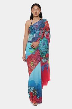 Powder blue crepe saree with all over multi color psychedelic floral print and contrast pallu border. Comes with running blouse piece. - Aza Fashions Traditional Multicolor Pre-draped Saree With Floral Print, Festive Multicolor Pre-draped Saree With Floral Print, Bohemian Blue Silk Blouse Piece, Multicolor Silk Pre-draped Saree With Kalamkari Print, Georgette Blouse Piece With Printed Border, Multicolor Silk Pre-draped Saree, Unstitched Blue Bohemian Blouse Piece, Bohemian Multicolor Pre-draped Saree With Unstitched Blouse, Blue Pre-draped Saree With Floral Print