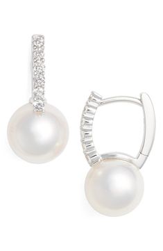 Free shipping and returns on Mikimoto Diamond & Akoya Cultured Pearl Earrings at Nordstrom.com. Shimmering pavé diamonds encrust the setting of petite hoop earrings punctuated with magnificently lustrous Akoya pearls. Formal Clip-on Huggie Jewelry, Luxury Pearl Earrings With Pave Setting For Formal Occasions, Diamond White Pearl Earrings With Pave Setting, Elegant Clip-on Hoop Earrings For Formal Occasions, Formal White Gold Clip-on Hoop Earrings, Akoya Pearl Diamond Earrings With Diamond Accents For Evening, Elegant Pearl Earrings With Pave Setting In Diamond White, Formal Fine Jewelry Pearl Earrings With Pave Setting, Elegant Diamond Pearl Earrings With Pave Setting