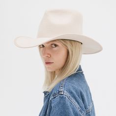 Gigi Pip felt hats for women - June Teardrop Rancher - 100% australian wool teardrop rancher with an angled western brim hat featuring a gold plated Gigi Pip branded pin on the back of the crown [cream] Western Fur Felt Fedora For Spring, Western Style Fur Felt Fedora For Spring, Fitted Felt Hat For Rodeo In Fall, Rigid Fedora Felt Hat For Rodeo, Western Fedora With Flat Crown, Rigid Fedora Felt Hat For Ranch, Spring Felt Hat With Curved Brim For Western-themed Events, Classic Spring Felt Hat For Rodeo, Western Style Felt Hat For Spring