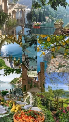 a collage of pictures with different scenes including water, trees, and buildings in the background