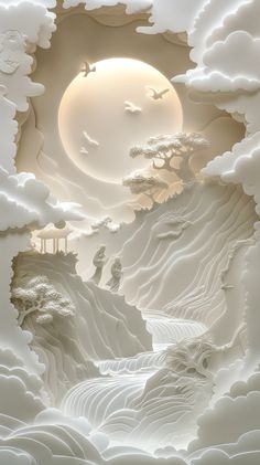 an artistic paper art scene with clouds and birds