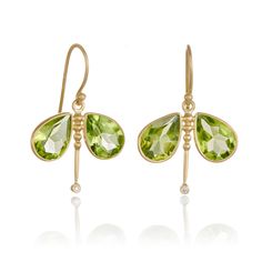 Two vivid peridots create the wings on these delightful dragonfly earrings. Tej Kothari’s passion for vintage jewelry is equaled by his decidedly modern point of view. Lushness and minimalism meet in pieces handcrafted with gold and custom-cut stones. Peridot. Diamonds. 18-karat yellow gold. Pierced only. 1" long. Dragonfly Earrings, The Wings, Personalized Monogram, Point Of View, Only 1, Teardrop Earrings, Colorful Backgrounds, Vintage Jewelry, Jewelry Earrings