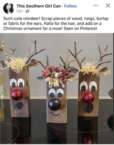 three wooden bags decorated with reindeer heads and noses