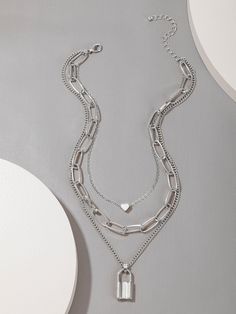 Style: Punk & Grunge.PreppyJewelry Material: Zinc Alloy Heavy Chain Necklace, Triple Chain Necklace, Triple Layer Necklace, Padlock Necklace, Layered Necklaces Silver, Stacked Necklaces, Trending Necklaces, Lock Necklace, Silver Plated Necklace