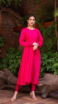 Maahi Chanderi Silk Anarkali Kurta In Rani Pink – Ethereal Outfitters Festive Maxi Length Kurta In Mulmul, Anarkali Churidar For Puja With Long Sleeves, Dabka Embroidered Maxi Kurta For Navratri, Navratri Maxi Length Dabka Kurta, Maxi Length Dabka Kurta, Navratri Dabka Maxi Length Kurta, Navratri Dabka Kurta Maxi Length, Tussar Silk Straight Kurta Dress, Anarkali Style Straight Kurta In Raw Silk