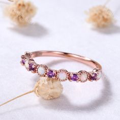 Dainty Opal Amethyst Engagement Ring Band 14k Rose Gold Purple Gemstone Wedding Ring Delicate Birthstone Women Gift Bridal Promise Ring Good quality rings take time to make, process time of the ring will be about 3 weeks, when your ring is shipped, tracking number will be given to you! - Ring Size - I can make the rings in any ring size, if the ring size you want is not on the ring size option, please contact with me! - Shipment - Free shipping within USA! - Services - √ Free engraving (Up to 15 letters) √ Custom/Rush order √ Payment plans - Return and Warranty - I guarantee 30 days money back and warranty. Please feel free to contact with me anytime if you have any questions about the rings! If you want to discover more beautiful jewelry, here is the homepage of my shop: https://www.etsy. Gemstone Wedding Ring, Engagement Ring Band, Amethyst Engagement Ring, Gemstone Wedding, Gemstone Wedding Rings, Amethyst Ring Engagement, Mom Ring, Band Engagement Ring, Delicate Rings