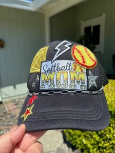 Softball Mom themed Trucker Patch Hat. These are the hottest trend on social media today. Great for festivals, concerts, night life and everyday wear. This foam trucker hat is fully adjustable and offered in hat colors Black, White, Light Pink, Neon Pink, Neon Yellow and Green Camouflage. Custom Hats avail. One size fits all. $35 Small Print: patch, mama, cowboy, hat, faith, rock and Roll, trucker, patch, cap, chain, iron on, sew on, festival, concert, neon, baseball cap, ball hat, chain, vintag Softball Trucker Hat Ideas, Fun Adjustable Baseball Cap For Streetwear, Customizable Novelty Trucker Hat, Novelty Customizable Trucker Hat, Fun 5-panel Baseball Cap For Streetwear, Novelty Snapback Baseball Cap, Trendy Trucker Visor Hat For Baseball Season, Trendy Hats For Baseball Season Sports Events, Themed Adjustable Snapback Baseball Cap