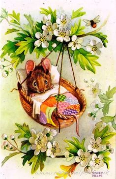 a painting of a mouse in a basket on a swing with flowers and birds around it