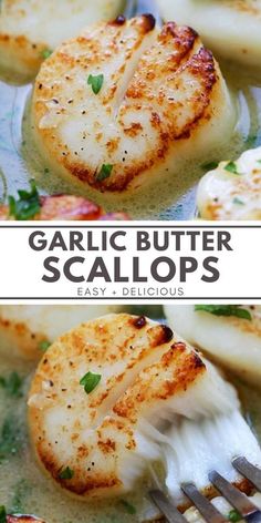 garlic butter scallops on a plate with a fork in it and the text overlay says garlic butter scallops