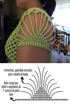 the back of a woman's top with crocheted patterns and instructions to make it