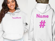 Celebrate your team with this personalized name and number hoodie! Show your appreciation and commitment with this gift! Team-colored Hooded Top For Team Spirit, Sportswear Hoodie For Game Day, Team-colored Hoodie With Team Name, White Team Spirit Hoodie For Streetwear, Sportswear Hoodie With Team Name For Winter, Winter Sportswear Team Name Hoodie, Winter Sportswear Hoodie With Team Name, Team-colored Hoodie For Game Day, Team Spirit Hoodie For College Sports