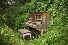 an old piano sitting in the middle of some bushes