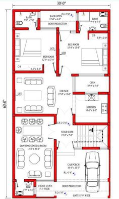 a floor plan for a house with three rooms and two car spaces in the middle