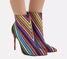 Rainbow stripes beautiful Pointed-toe high heel ankle boots which gives them a distinctly retro/flirtatious feel and puts them right in line with the season's coolest silhouettes. Retro Spring Heeled Boots With Pointed Toe, Retro Pointed Toe Party Boots, Multicolor High Ankle Party Boots, Retro Pointed Toe Boots For Party, Trendy Multicolor Party Boots, Glamorous Spring Ankle Heeled Boots, Multicolor Round Toe Heeled Boots For Party, Bold Ankle Boot Heels For Party, Chic Striped High Heel Shoes