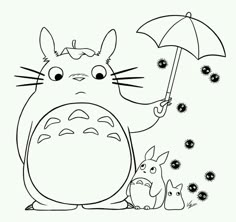 the totoro is holding an umbrella with her two babies in front of it