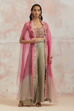 Shop for AUM by Asit and Ashima Grey Blouse Cape And Waistband Embroidered Palazzo Set for Women Online at Aza Fashions Blouse And Palazzo, Silk Cape, Ethnic Gown, Latest Dress Design, Traditional Indian Outfits, Palazzo Set, Trendy Fashion Tops, Grey Blouse, Embroidered Clothes