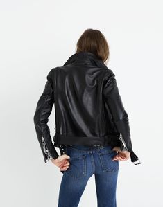 Inspired by old-school biker style (and some boyfriends past and present), our signature leather jacket combines buttery soft, pebbled leather with chunky silver hardware. Guaranteed to up the cool quotient of pretty much any outfit.True to size.Leather.Professional leather clean.Imported.Madewell.com only. Chic Leather Biker Jacket For Streetwear, Edgy Leather Outerwear For Fall, Spring Moto Leather Jacket, Spring Leather Biker Jacket, Chic Leather Outerwear For Biker Events, Spring Leather Biker Jacket For Biker Events, Classic Leather Biker Jacket For Spring, Fall Leather Biker Jacket For Streetwear, Leather Biker Jacket For Fall Streetwear