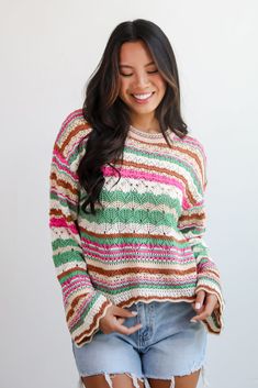 Adorable Disposition Multi Crochet Knit Top Green Knitted Beach Sweater, Trendy Crochet Knit Top For Fall, Casual Crochet Knit Sweater, Green Crochet Top With Pointelle Knit, Multicolor Open Knit Beach Sweater, Multicolor Soft Knit Tops, Beach Crochet Knit Sweater, Trendy Crochet Top For Fall, Trendy Crochet Top With Knit Fabrication For Fall