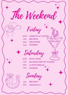 a pink menu with the words the weekend friday, saturday and sunday written on it