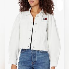 Tommy Hilfiger White Trucker Denim Jean Jacket. Size Medium New With Tag Smoke-Free Home Tommy Hilfiger Denim Jacket, Trendy Denim Jacket, Tommy Hilfiger Store, Light Denim Jacket, Embroidered Jean Jacket, Black Jean Jacket, White Jean Jacket, Tommy Hilfiger Jackets, Jean Jacket Women