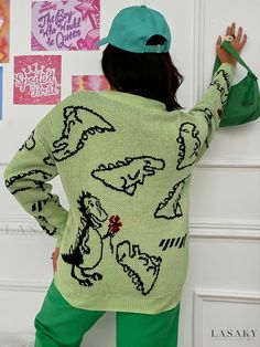 Lasaky - Womens Crew Neck Long Sleeve Knit Sweater with Casual Cartoon Dinosaur Pattern, Loose Fit - Ideal for Fashionable Fall and Winter Attire. Trendy Green Crew Neck Cardigan, Casual Cartoon Print Sweater, Green Casual Acrylic Cardigan, Casual Dinosaur Print Tops For Fall, Winter Long Sleeve Tops With Dinosaur Print, Casual Green Dinosaur Print Tops, Dinosaur Print Long Sleeve Tops For Winter, Casual Green Tops With Dinosaur Print, Long Sleeve Top With Dinosaur Print For Fall