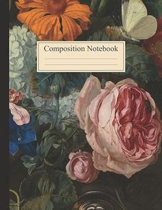 the composition notebook is shown with flowers and butterflies on it's cover, which reads composition notebook