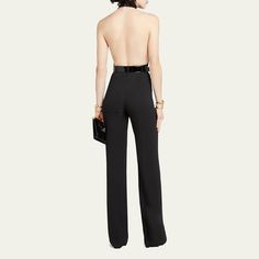 TOM FORD stretch sable jumpsuit features a halter neckline and a plunging front cutout  Sleeveless Open back  Adjustable belted waist  Straight legs  Relaxed fit  Viscose/elastane/silk Made in Italy Elegant Fitted Halter Neck Strapless Jumpsuit, Formal Fitted Strapless Backless Jumpsuit, Formal Strapless Backless Fitted Jumpsuit, Elegant Halter Neck Jumpsuits And Rompers For Formal Occasions, Elegant Formal Halter Neck Jumpsuits And Rompers, Elegant Halter Neck Evening Jumpsuits And Rompers, Elegant Strapless Backless Jumpsuit For Formal Occasions, Elegant Formal Halter Neck Jumpsuits, Chic Strapless Backless Jumpsuit For Formal Occasions