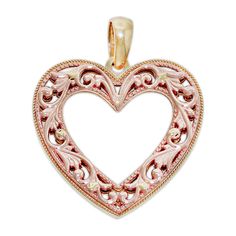 This lovely 14k Solid Gold Filigree Heart Charm is the perfect gift for that special someone in your life. The reversible charm is rose gold on one side and yellow gold on the other which can offer versatility to any outfit. Valentine's Day Filigree Jewelry For Anniversary, Valentine's Day Pink Engraved Jewelry, Valentine's Day Filigree Open Heart Jewelry, Pink Gold Jewelry For Anniversary On Valentine's Day, Pink Gold Jewelry For Valentine's Day Anniversary, Filigree Heart, Gold Filigree, Romantic Love, Pretty Jewellery