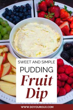 a white plate topped with fruit next to bowls filled with dips and strawberries