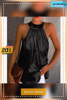 Women's Shirt Blouse Tank Top Silver Black Yellow Plain Sexy Pleated Cut Out Sleeveless Daily Basic Beach Halter Plus Size S Stretch Cami Halter Top For Party, Chic Halter Neck Tank Top For Party, Sleeveless Stretch Halter Top For Party, Stretch Sleeveless Tank Top For Party, Black Halter Neck Tank Top For Party, Trendy Black Sleeveless Halter Top, Chic Party Halter Top Camisole, Chic Party Halter Camisole Top, Chic Camisole Halter Top For Parties