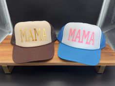 Handmade puff vinyl Mama hat! Great gift idea for any Mama! Customize hat color and puff vinyl color for the perfect gift for yourself or friends and family! Details: -Seamless foam front -Slightly curved visor -Custom wording is permanently placed with iron-on puff vinyl -One size fits most - plastic snap closure Vinyl Hat, Puff Vinyl, Mama Hat, Custom Baseball Cap, Custom Caps, Hat Custom, Vinyl Colors, Mom Gift, Trucker Cap