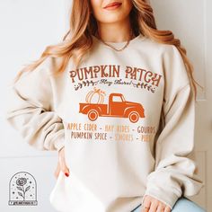 Pumpkin Patch Truck Fall Shirt Fall Sweatshirt Halloween Fall Shirts Retro Fall Hoodies Halloween Shirt Cute Fall Sweater Womens Fall Sweatshirts Crewnecks Tees ALL OF OUR ITEMS CAN BE MADE IN YOUTH SIZES, TSHIRTS (COMFORT COLORS AND BELLA CANVAS), SWEATSHIRTS AND HOODIES AND IN OTHER COLORS THAN LISTED USUALLY. IF THERE IS A DESIGN YOU WOULD LIKE IN A DIFFERENT OPTION JUST ASK AND WE WILL ADD IT FOR YOU PLEASE NOTE: These sweatshirts are unisex and fit true to size! If you prefer an oversized f Grunge Sweatshirt, Fall Crewneck Sweatshirt, Trending Graphic Tees, Distressed Sweatshirt, Pumpkin Sweatshirts, Pumpkin Season, Gildan Sweatshirts, Digital Nature, Fall Sweatshirt