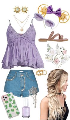 Repunzal Outfits, Casual Rapunzel Outfit, Disney Rapunzel Outfits, Disney Outfits Princess Casual, Repunzal Tangled Inspired Outfit, Rapunzel Disneyland Outfit, Disney Bounding Tangled, Rapunzel Themed Outfit, Disney Inspired Outfits Summer